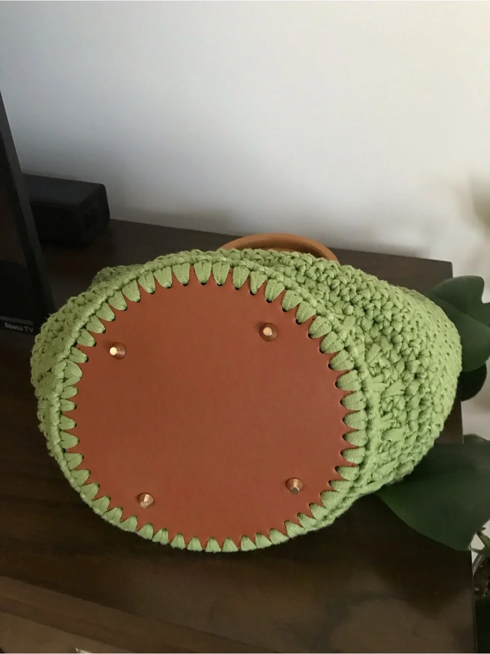 Handmade Green Crochet City Purse Wood Handle Silk Scarp